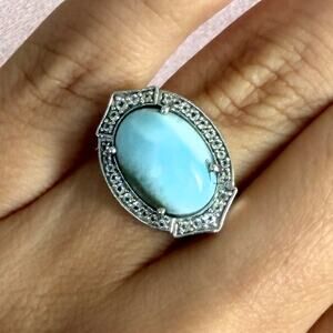 sterling silver blue larimar cabochon & white topaz halo ring size 6